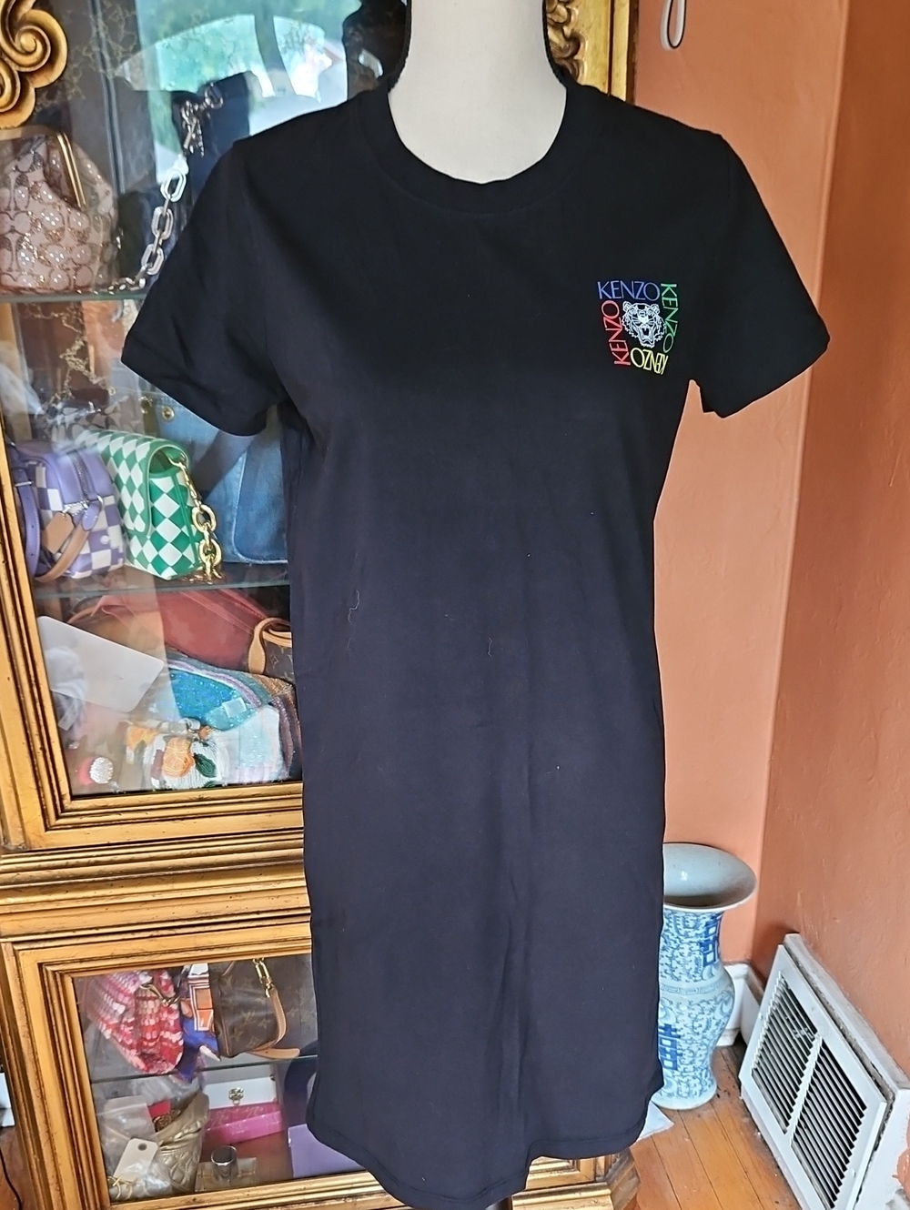 Kenzo Black T-Shirt Dress with Multicolor Logo